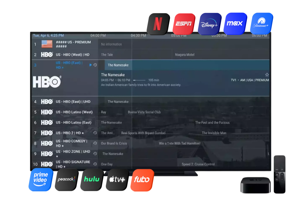 TiviMate Gold IPTV 4K streaming player on smart TV with Netflix, Disney+, Prime Video, ESPN, Max, Paramount, and Apple TV