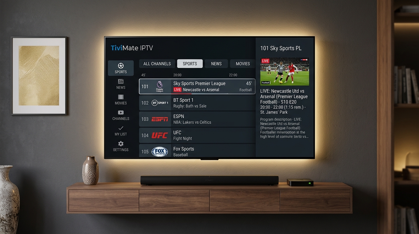 TiviMate IPTV EPG guide interface and live sports on 4K smart TV
