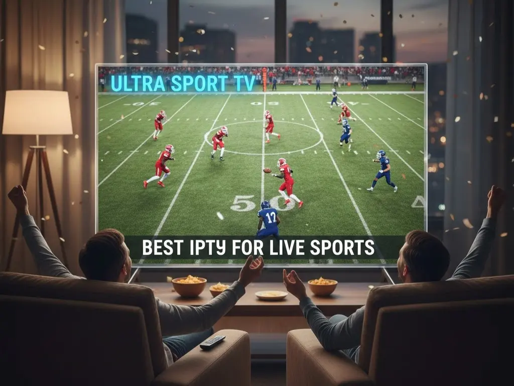 2 men celebrating while watching a crisp, clear football game on a large TV, illustrating the best IPTV for live sports.