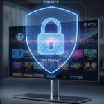 A glowing digital padlock symbol hovering over a smart TV, illustrating the privacy from a VPN for IPTV.