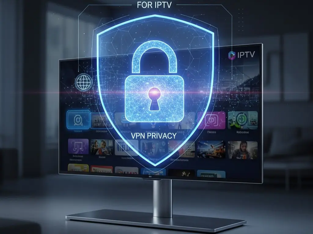 A glowing digital padlock symbol hovering over a smart TV, illustrating the privacy from a VPN for IPTV.