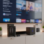 A side-by-side comparison of the Firestick 4K Max vs. Fire TV Cube on a modern entertainment stand.