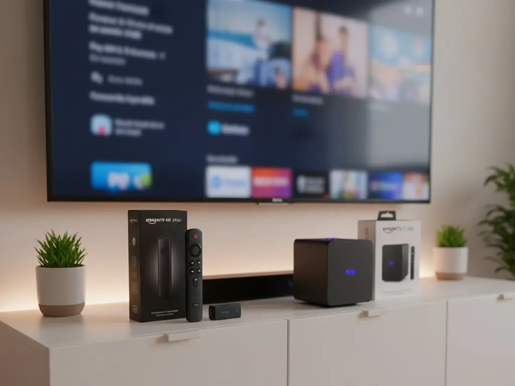 A side-by-side comparison of the Firestick 4K Max vs. Fire TV Cube on a modern entertainment stand.