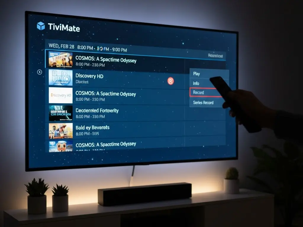 A user setting up a recording from the TiviMate program guide, illustrating how to record shows with TiviMate.
